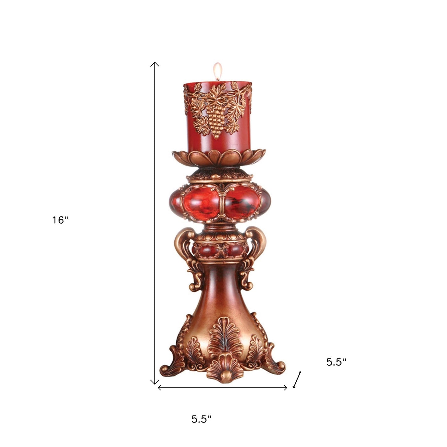 16" Tall Red and Brown Faux Marble Candle Holder with Candle