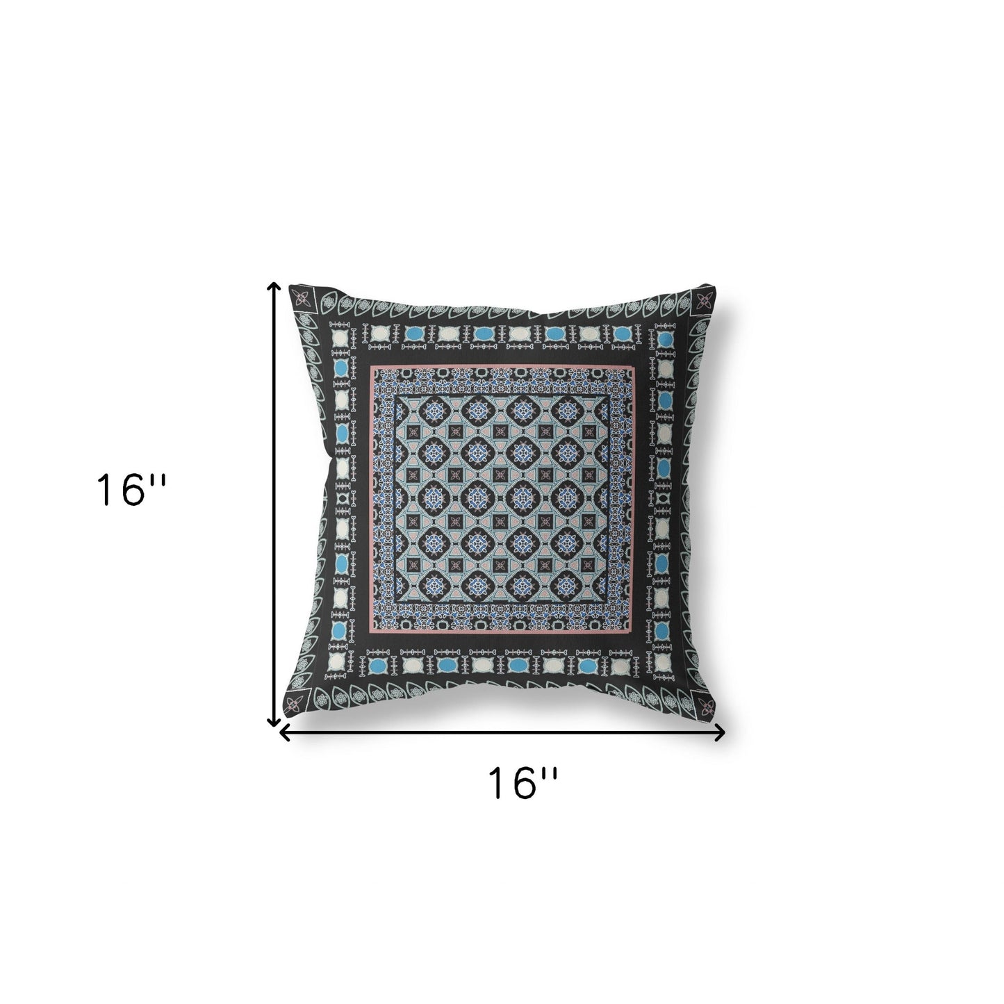 16" X 16" Black And Blue Floral Zippered Suede Throw Pillow