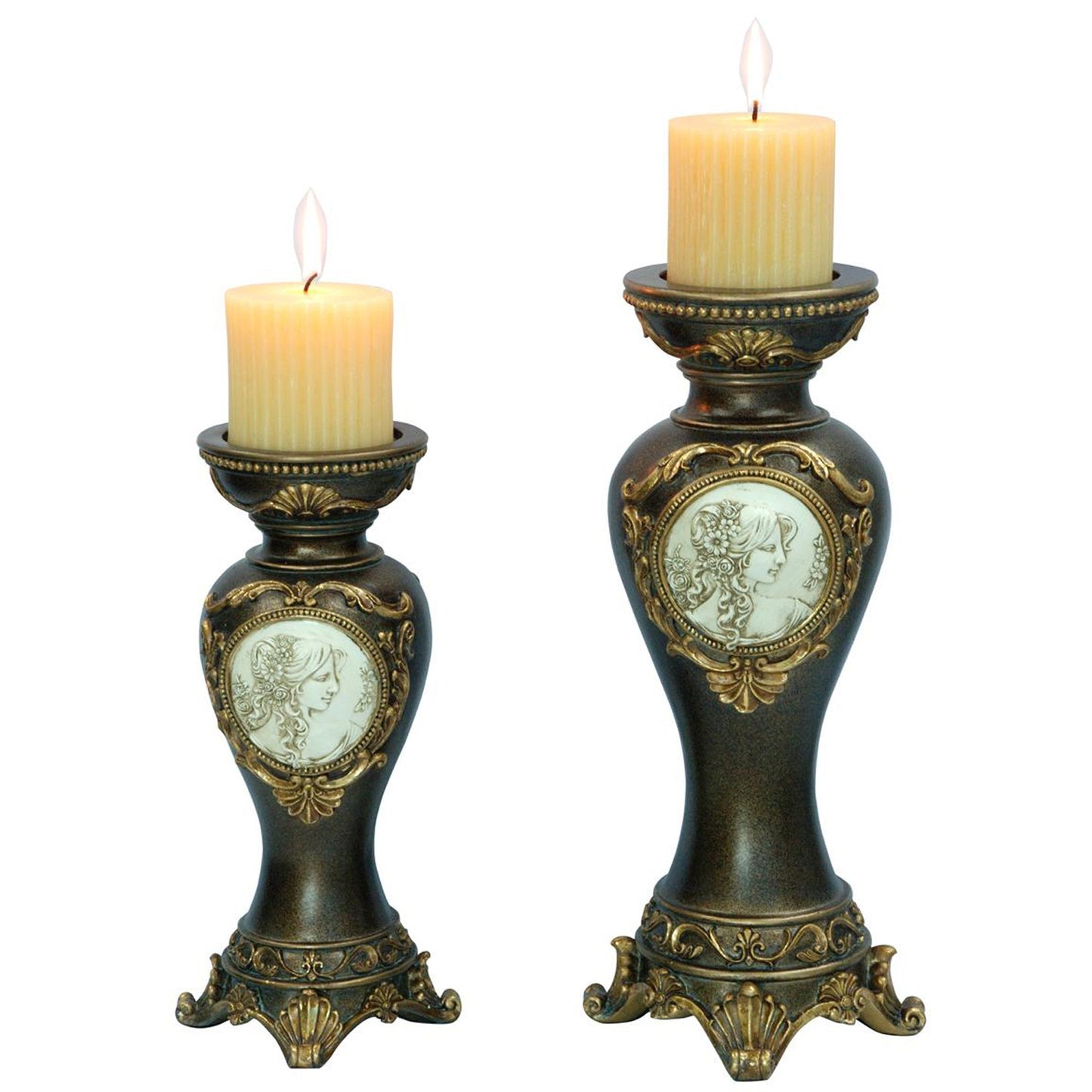 Set Of Two Bronze Greek Cameo Pillar Candle Holders