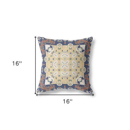 16" X 16" Blue Yellow Floral Zippered Suede Throw Pillow