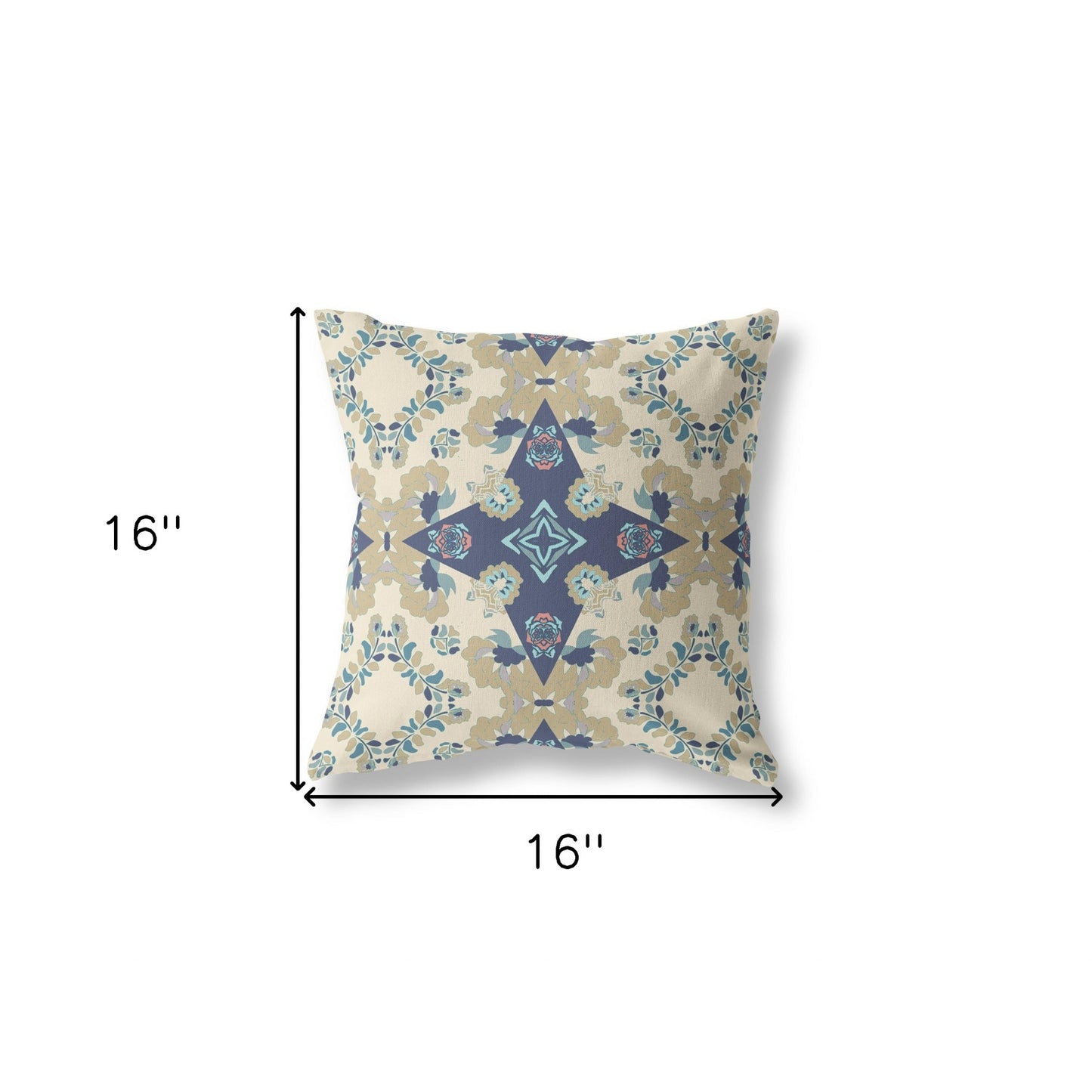 16" X 16" Cream And Blue Floral Zippered Suede Throw Pillow