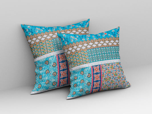 20"X20" Turquoise Microsuede Patchwork Blown Seam Pillow