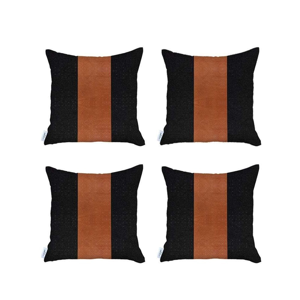 Set Of Four 18" X 18" Black And Brown Geometric Zippered Handmade Polyester Throw Pillow