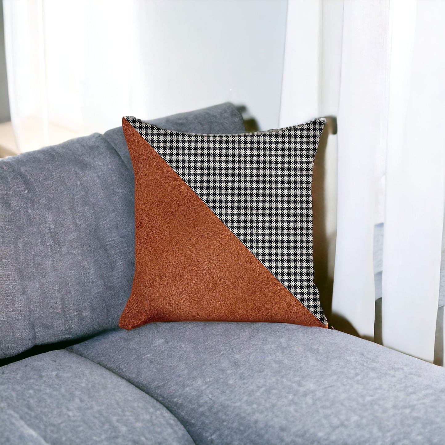 18" X 18" Brown And Black Houndstooth Zippered Handmade Polyester Throw Pillow Cover