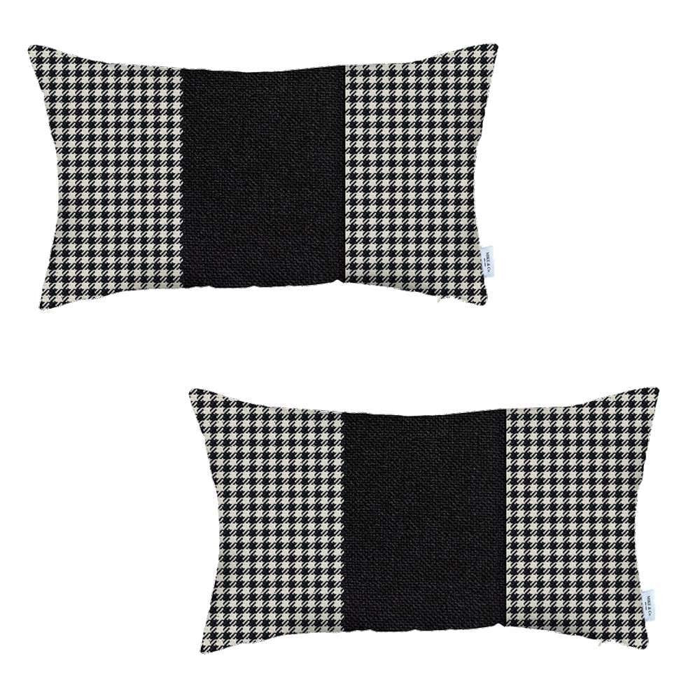 Set Of Two 20" X 12" White And Black Houndstooth Zippered Handmade Polyester Lumbar Pillow