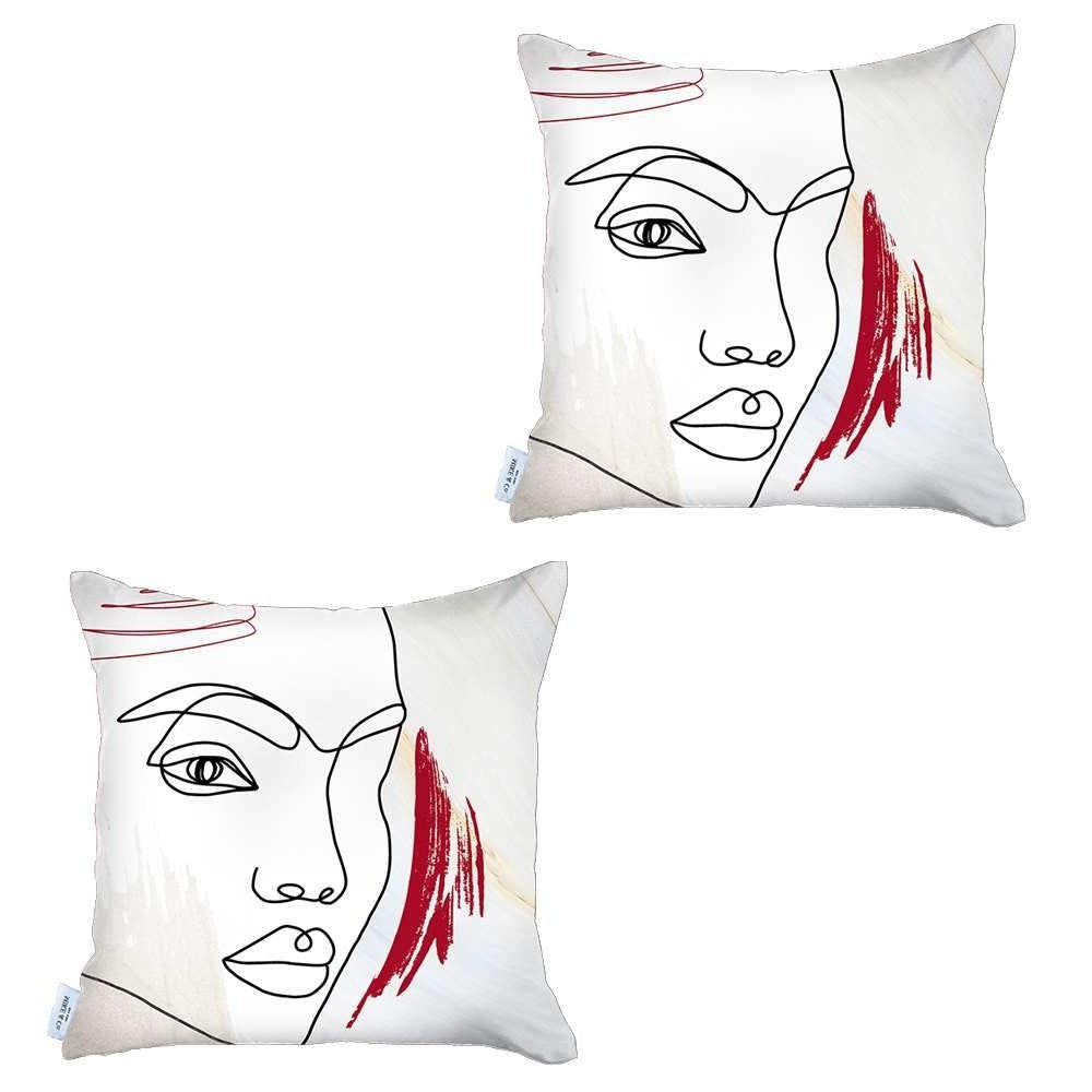 Set Of Two 18" X 18" Gray Black White And Red Abstract Zippered Handmade Polyester Throw Pillow