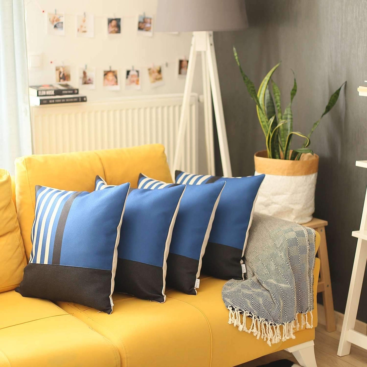 Set Of Four 18" X 18" Blue Striped Zippered Handmade Polyester Throw Pillow