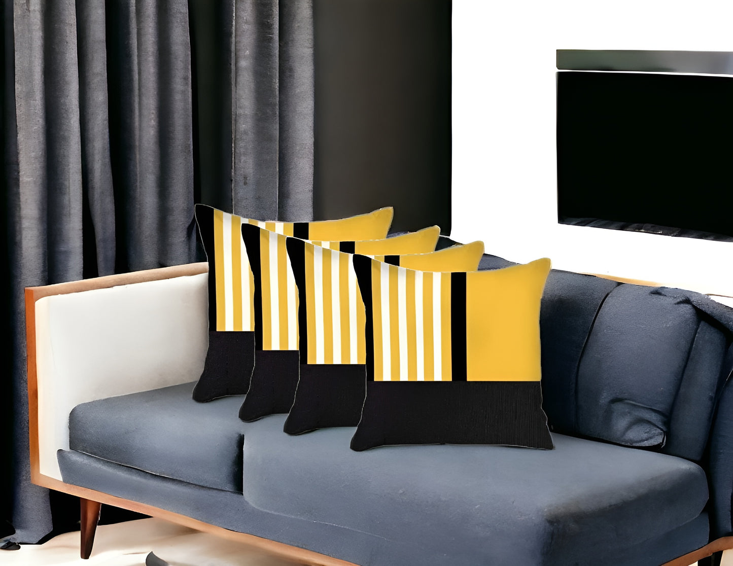 Set Of Four 18" X 18" Yellow Striped Zippered Handmade Polyester Throw Pillow