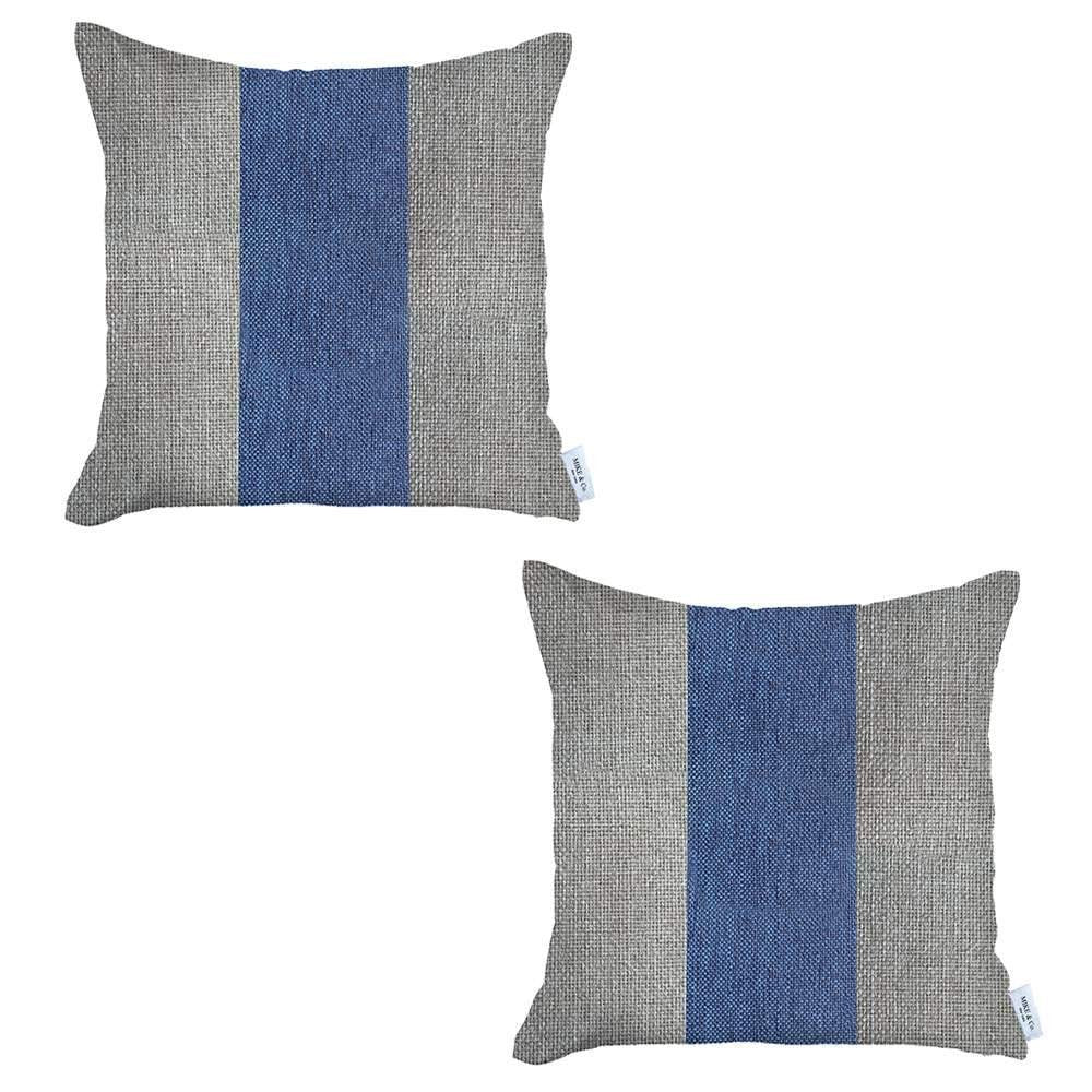 Set Of Two 18" X 18" Grey And Blue Geometric Zippered Handmade Polyester Throw Pillow