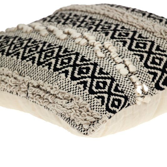 18" X 18" Beige And Black Zippered 100% Cotton Throw Pillow With Embroidery