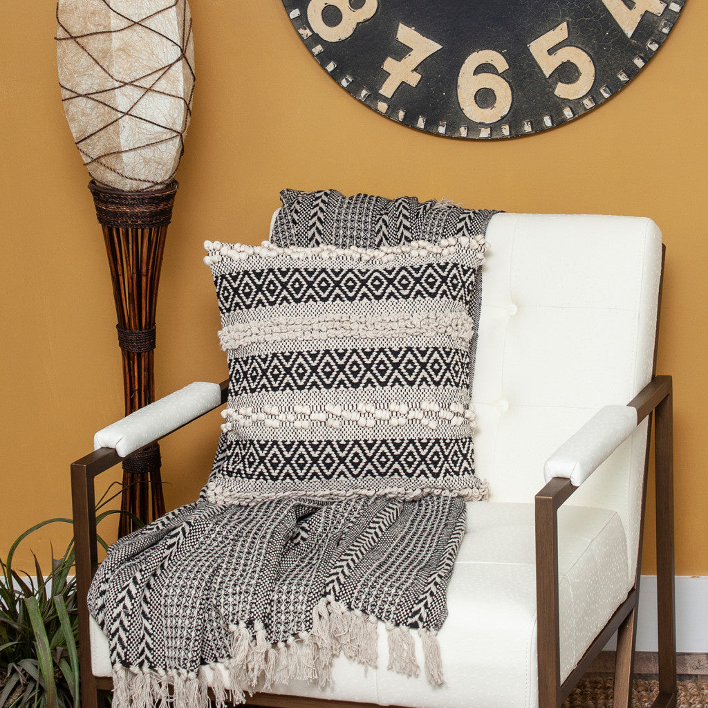 18" X 18" Beige And Black Zippered 100% Cotton Throw Pillow With Embroidery