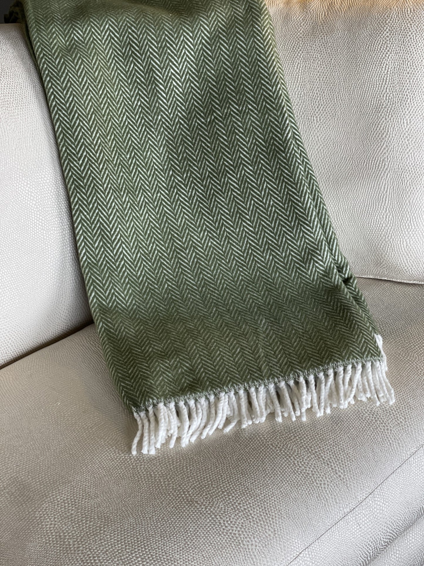 Moss Green and White Dreamy Soft Herringbone Throw Blanket