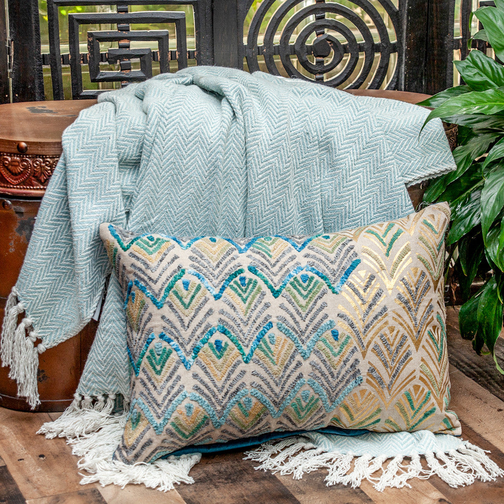 14" X 20" Beige And Green Zippered 100% Cotton Throw Pillow With Embroidery