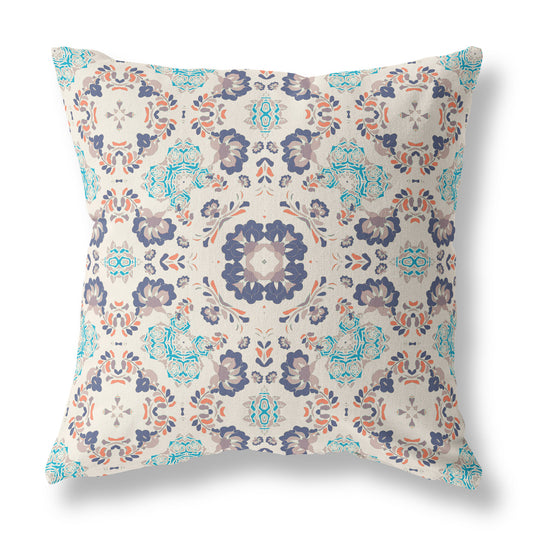 20" X 20" Off White And Blue Floral Blown Seam Suede Throw Pillow