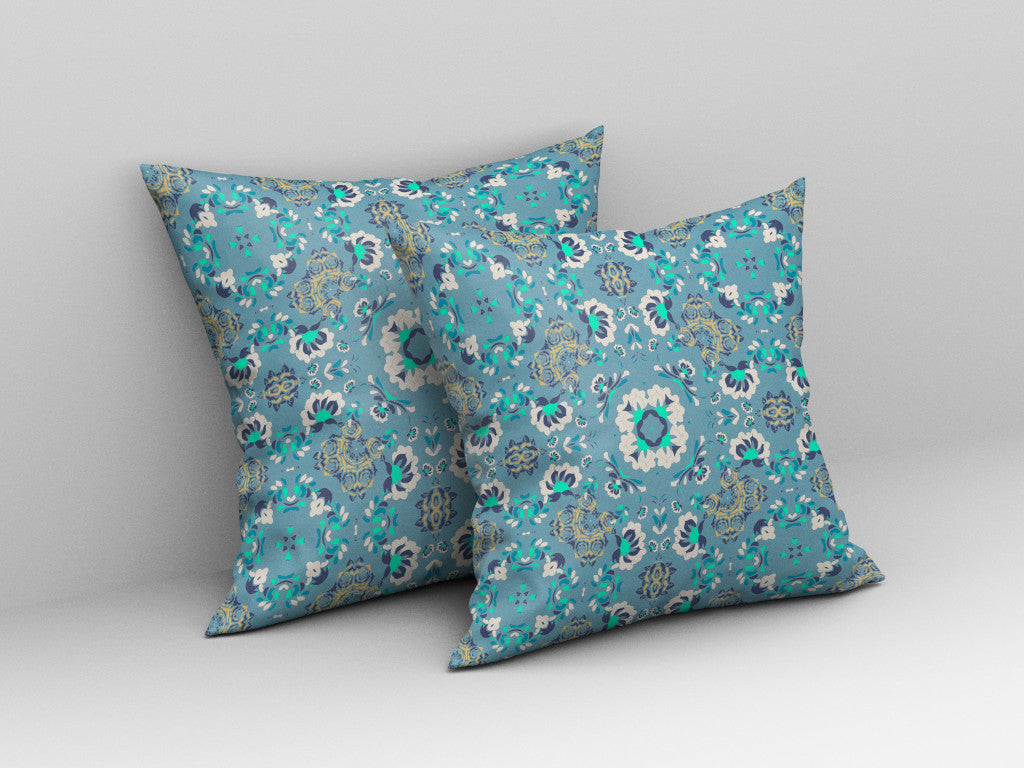 20" X 20" Light Blue Floral Blown Seam Suede Throw Pillow