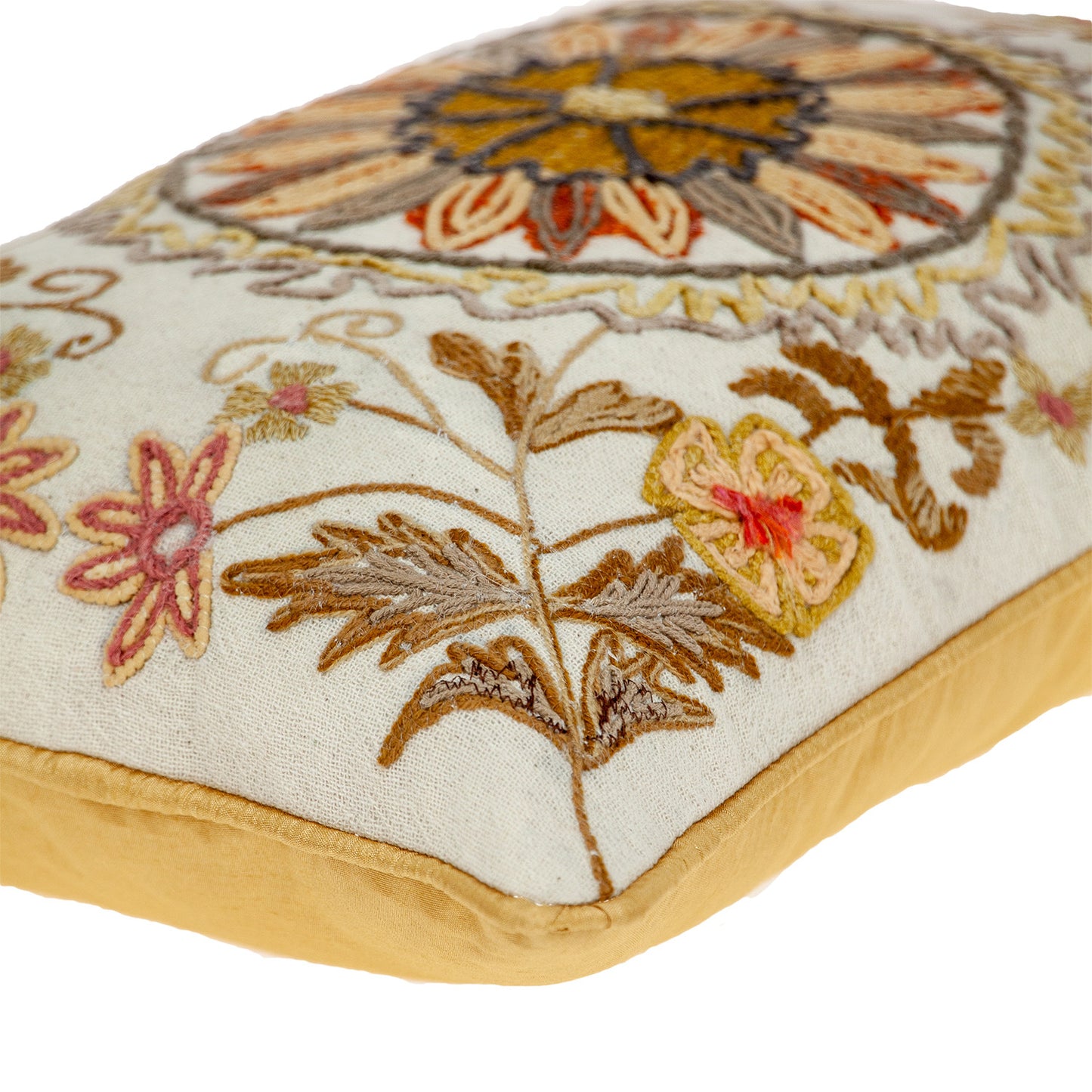 14" X 20" Beige Zippered 100% Cotton Throw Pillow With Embroidery