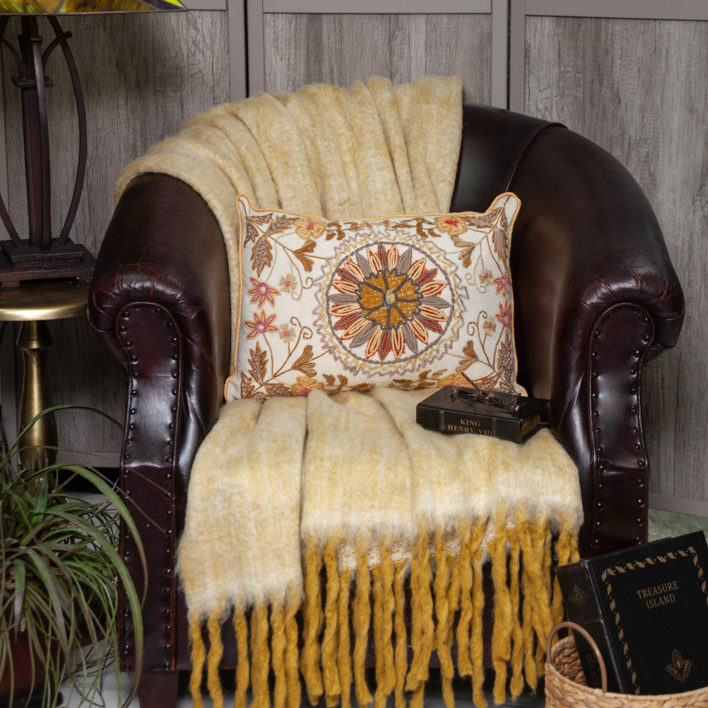 14" X 20" Beige Zippered 100% Cotton Throw Pillow With Embroidery