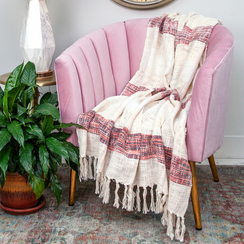 Beige and Shades of Pink Strips Woven Handloom Throw Blanket