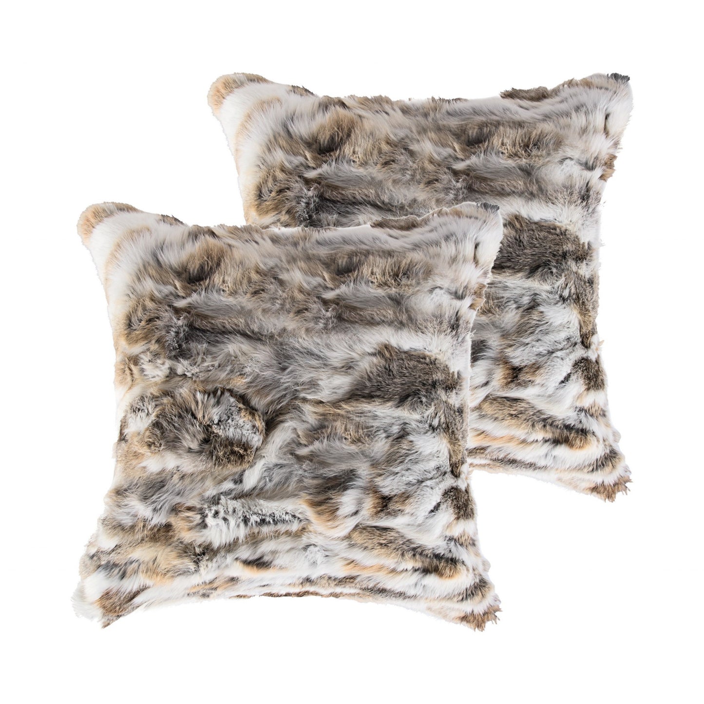 Set Of Two 18" X 18" Tan And White Rabbit  Natural Fur Animal Print Throw Pillows