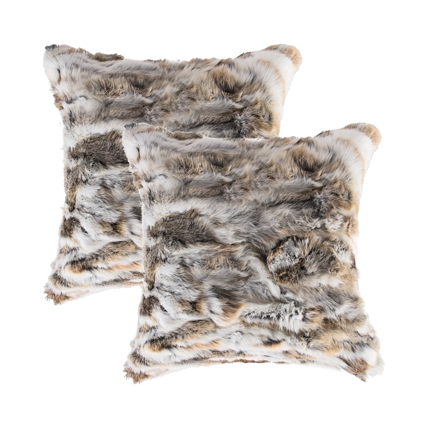 Set Of Two 18" X 18" Tan And White Rabbit  Natural Fur Animal Print Throw Pillows