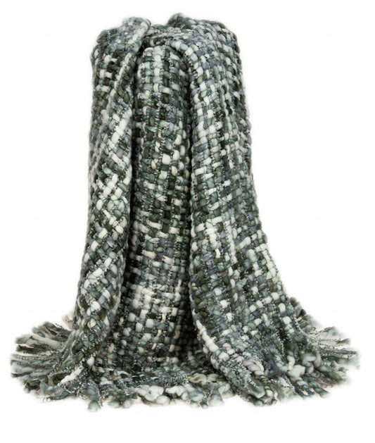 Green and White Knitted Cotton Blend Abstract Throw Blanket with Fringe