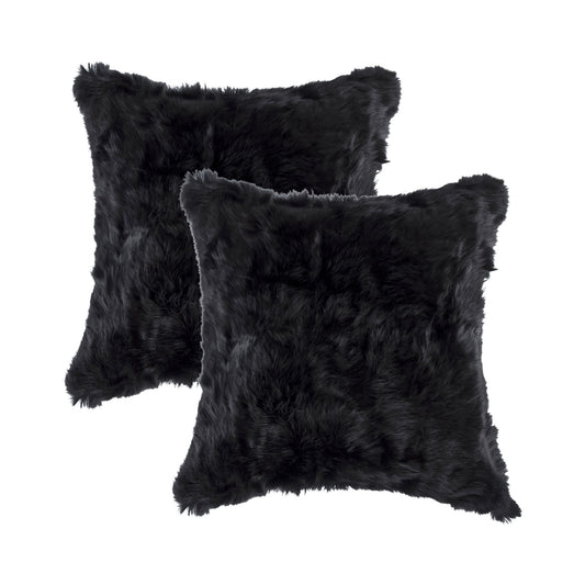 Set Of Two 18" X 18" Black Rabbit Natural Fur Animal Print Throw Pillows