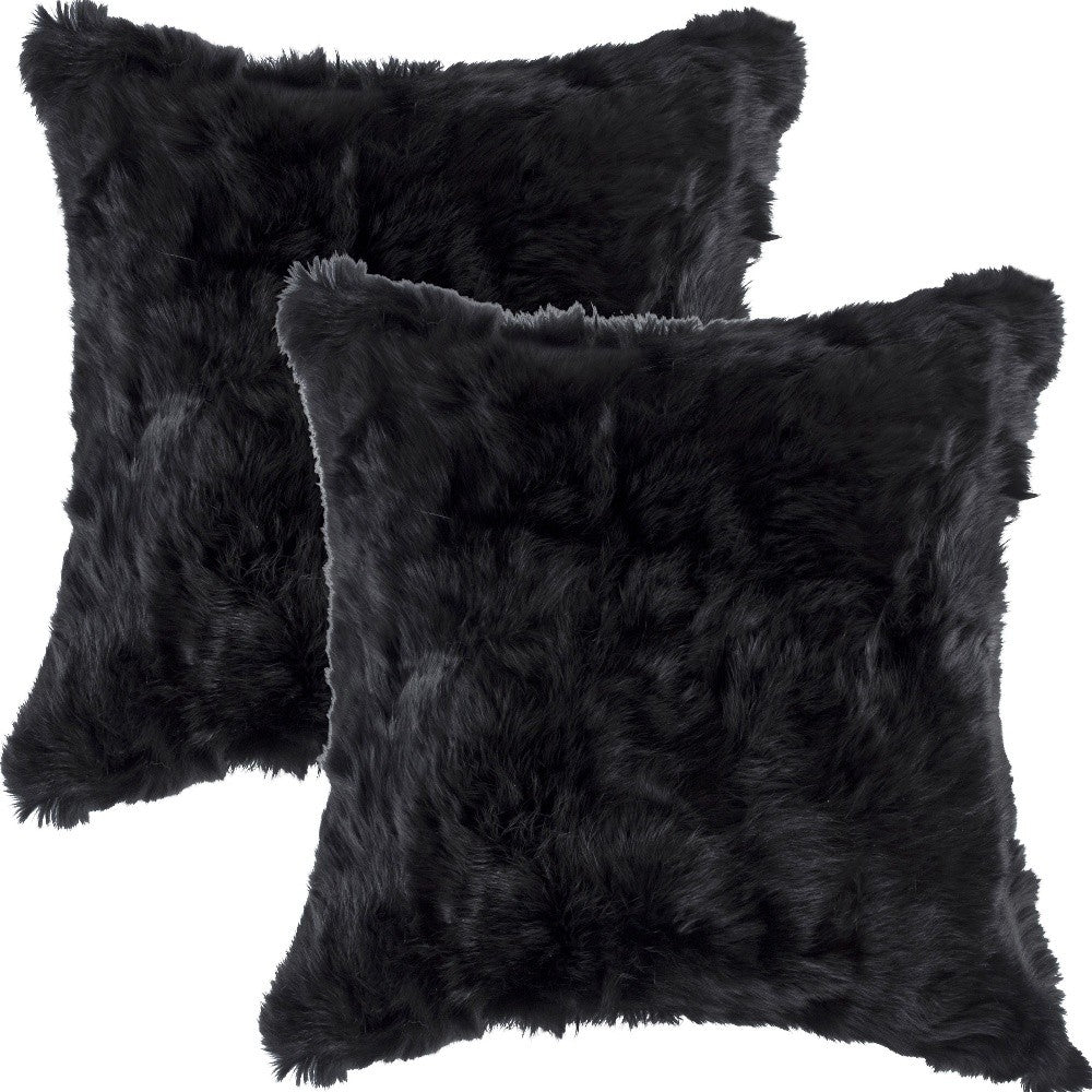 Set Of Two 18" X 18" Black Rabbit Natural Fur Animal Print Throw Pillows