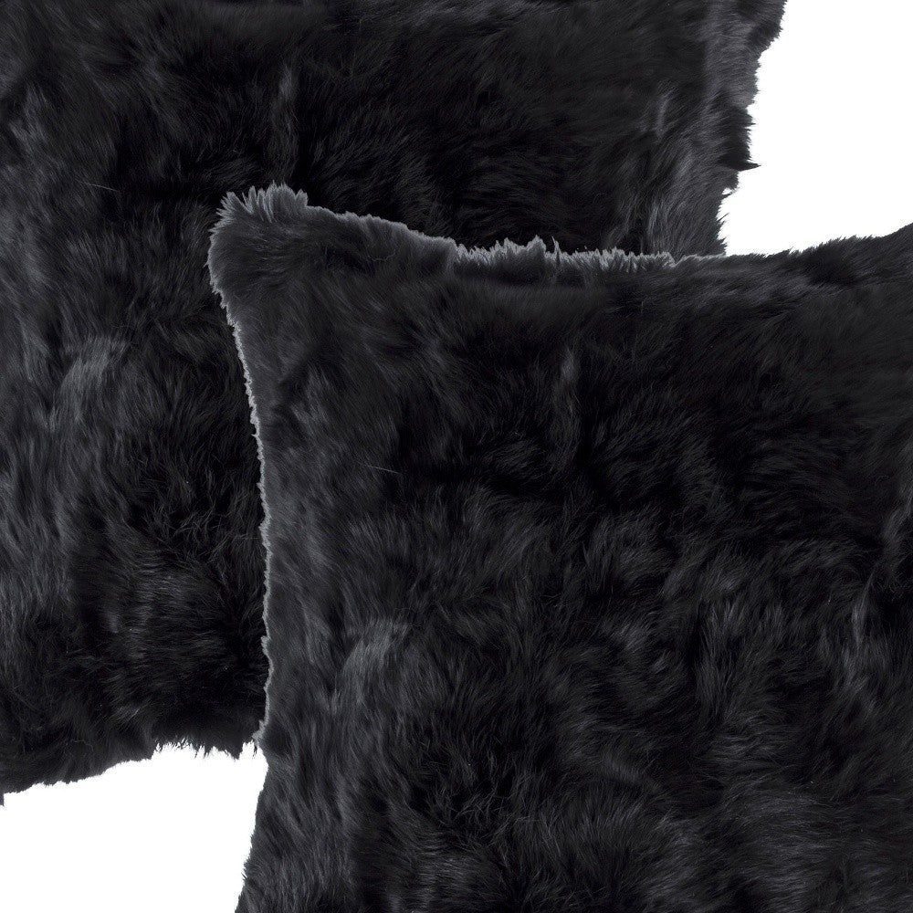 Set Of Two 18" X 18" Black Rabbit Natural Fur Animal Print Throw Pillows