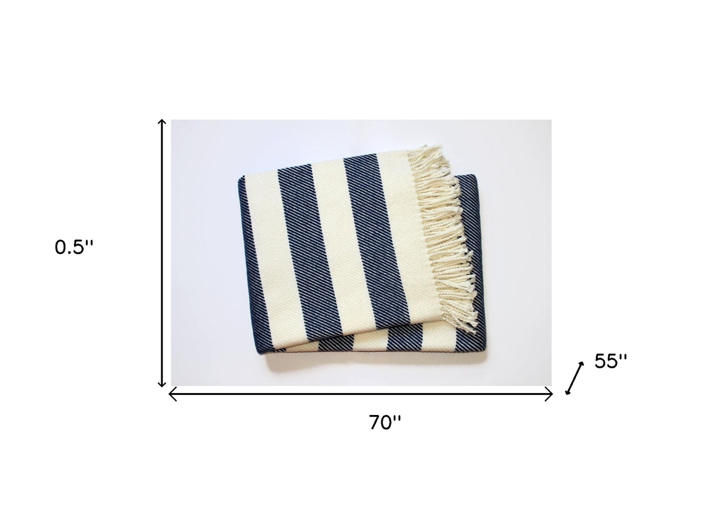 Cream and Navy Blue Slanted Stripe Fringed Throw Blanket