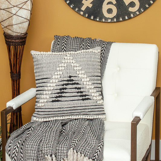 18" X 18" Beige And Black Zippered 100% Cotton Throw Pillow With Embroidery