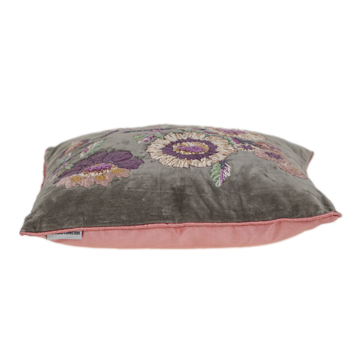 18" X 18" Taupe And Purple Zippered 100% Cotton Throw Pillow With Embroidery