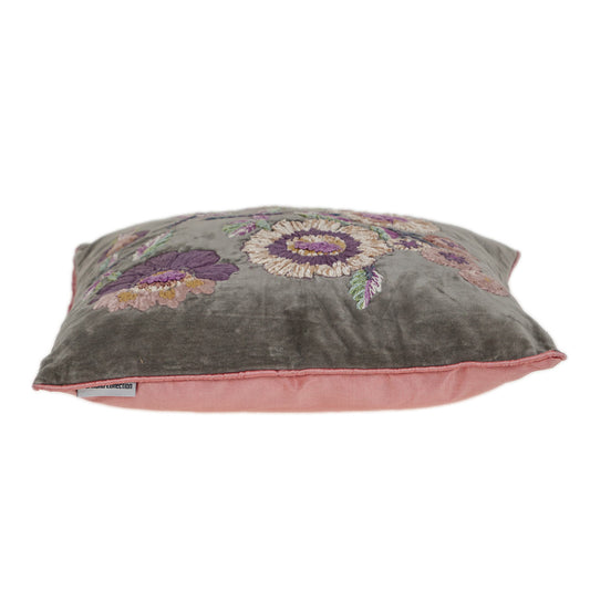 18" X 18" Taupe And Purple Zippered 100% Cotton Throw Pillow With Embroidery