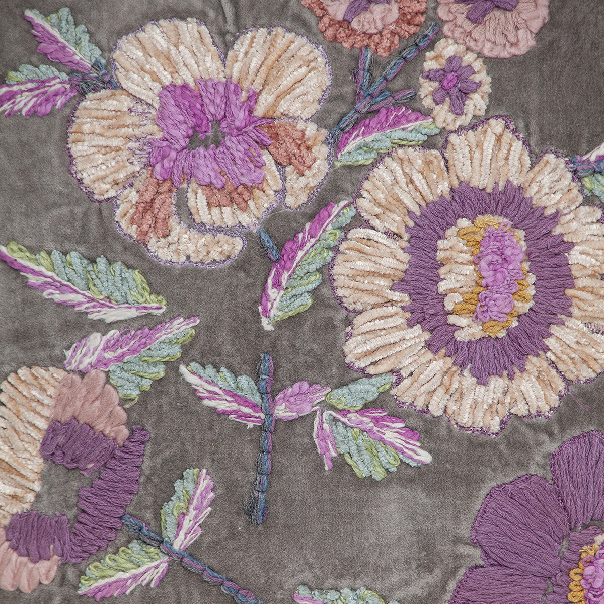 18" X 18" Taupe And Purple Zippered 100% Cotton Throw Pillow With Embroidery