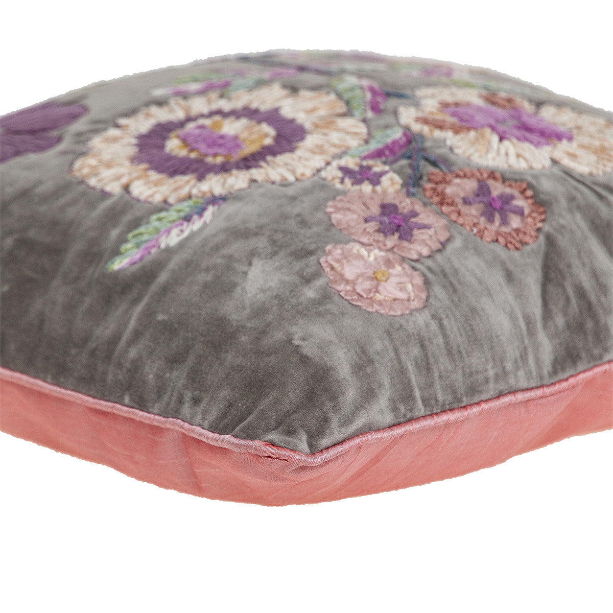 18" X 18" Taupe And Purple Zippered 100% Cotton Throw Pillow With Embroidery