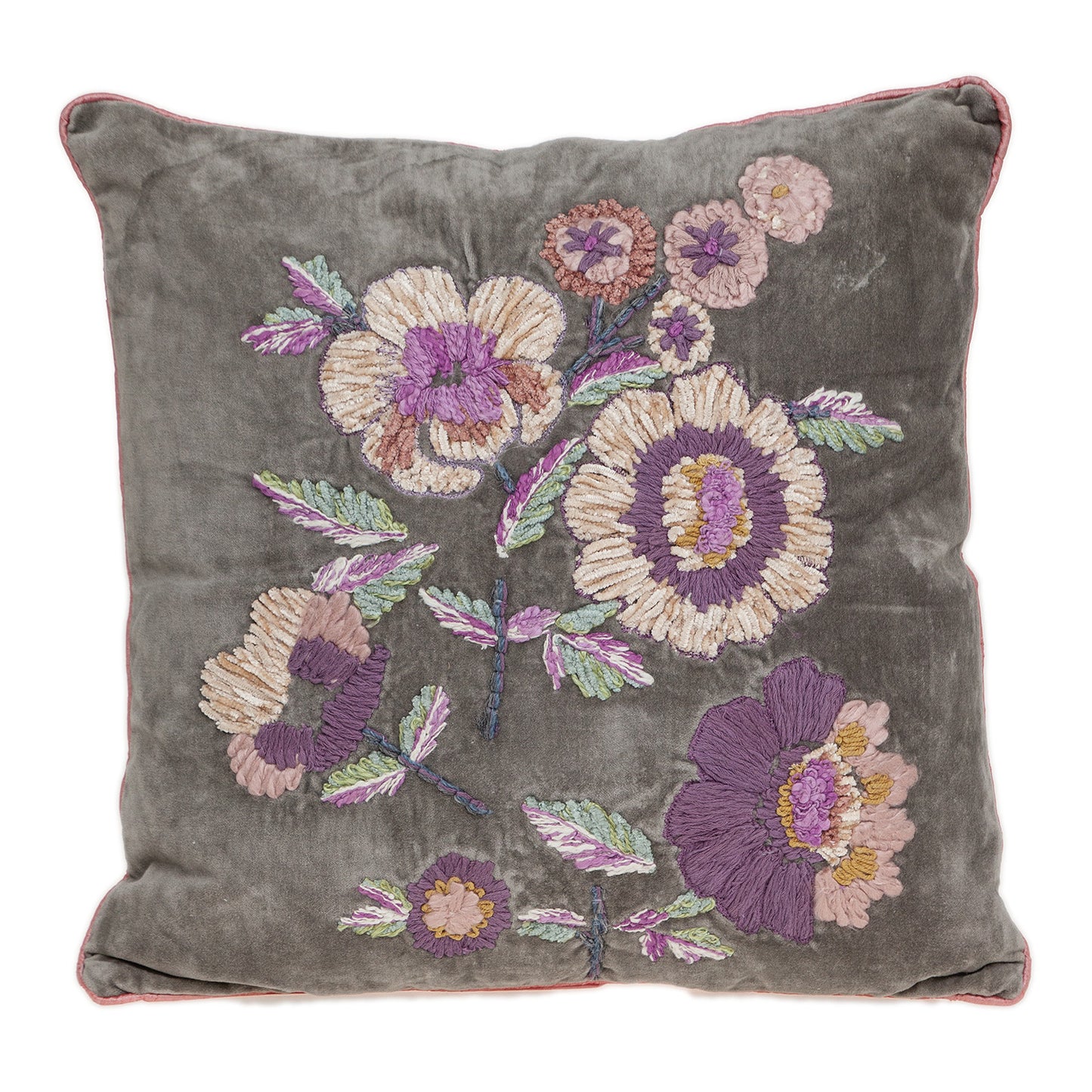 18" X 18" Taupe And Purple Zippered 100% Cotton Throw Pillow With Embroidery
