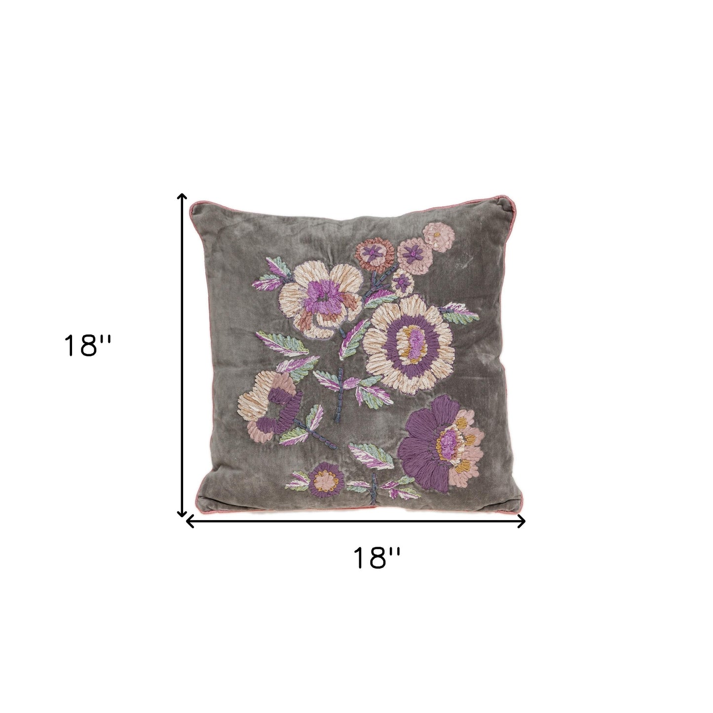 18" X 18" Taupe And Purple Zippered 100% Cotton Throw Pillow With Embroidery