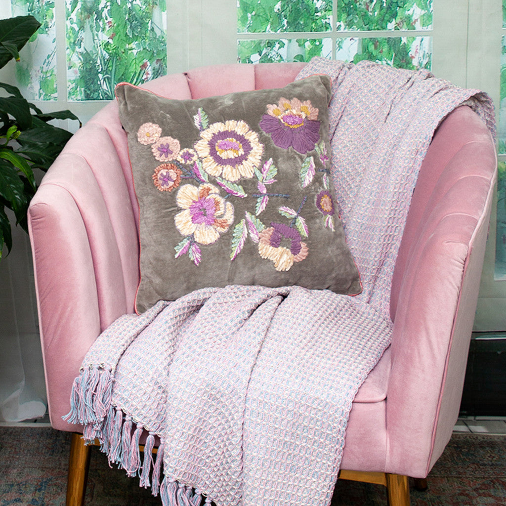 18" X 18" Taupe And Purple Zippered 100% Cotton Throw Pillow With Embroidery