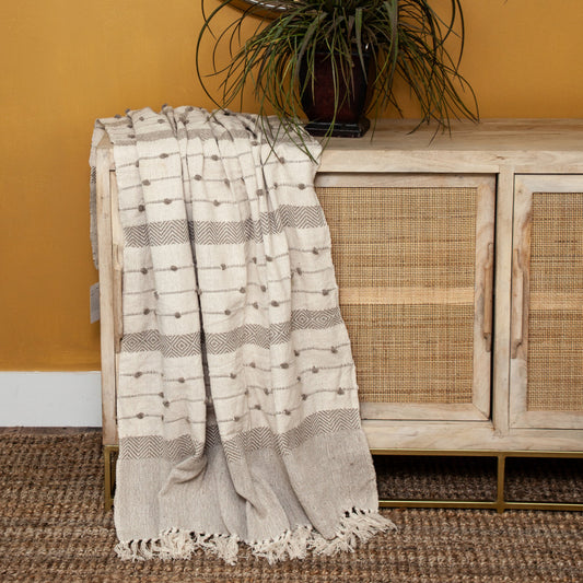 Tufted Beige Fringed Woven Handloom Throw