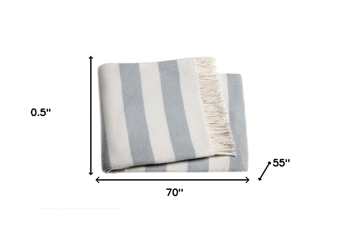 Cream and Sky Blue Slanted Stripe Fringed Throw Blanket