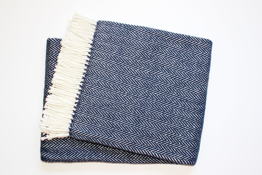 Navy Blue and White Dreamy Soft Herringbone Throw Blanket