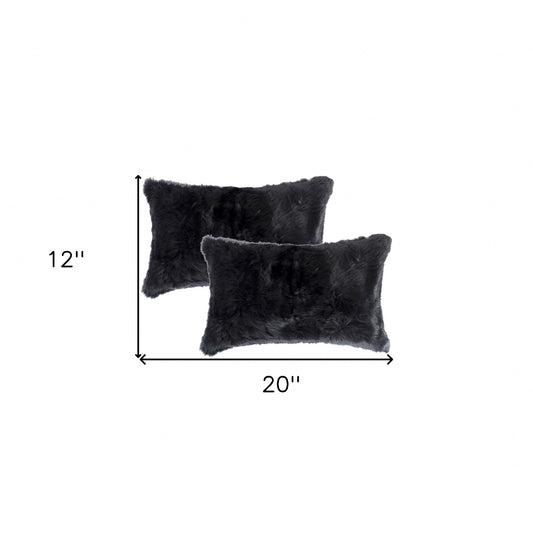 Set Of Two 12" X 20" Black Rabbit Natural Fur Throw Pillows