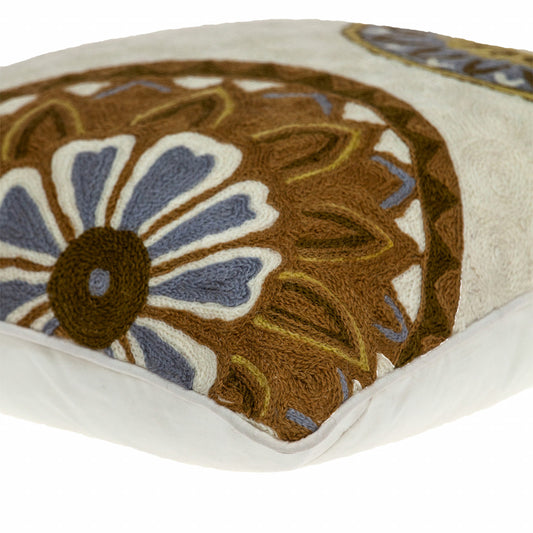 20" X 20" Beige And And Brown Floral Zippered 100% Cotton Throw Pillow