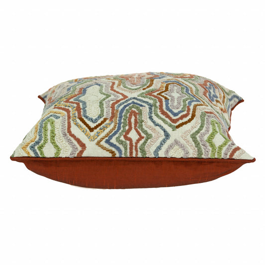 18" X 18" Beige And Brown Zippered 100% Cotton Throw Pillow With Embroidery
