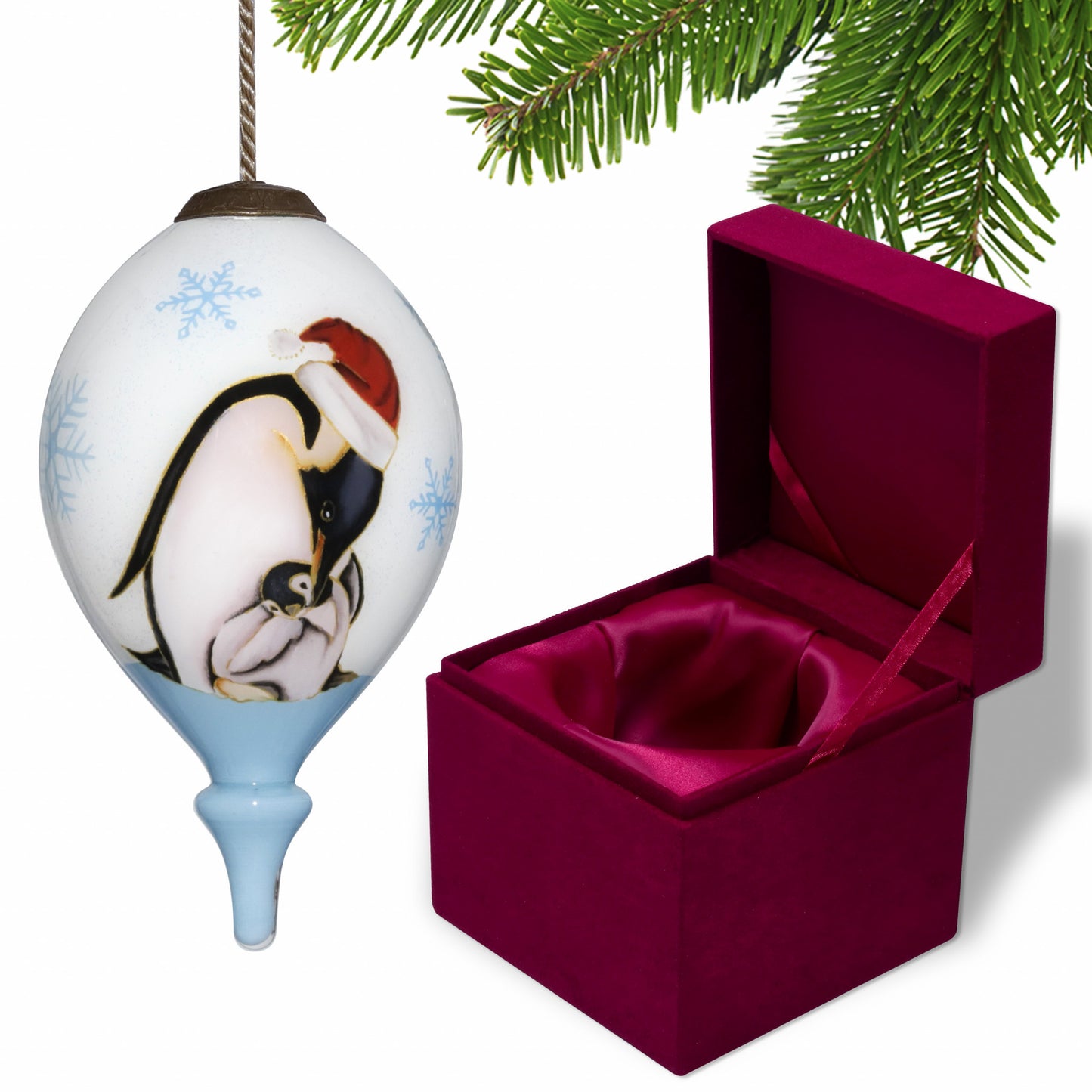 Penguin Mother and Child Hand Painted Mouth Blown Glass Ornament