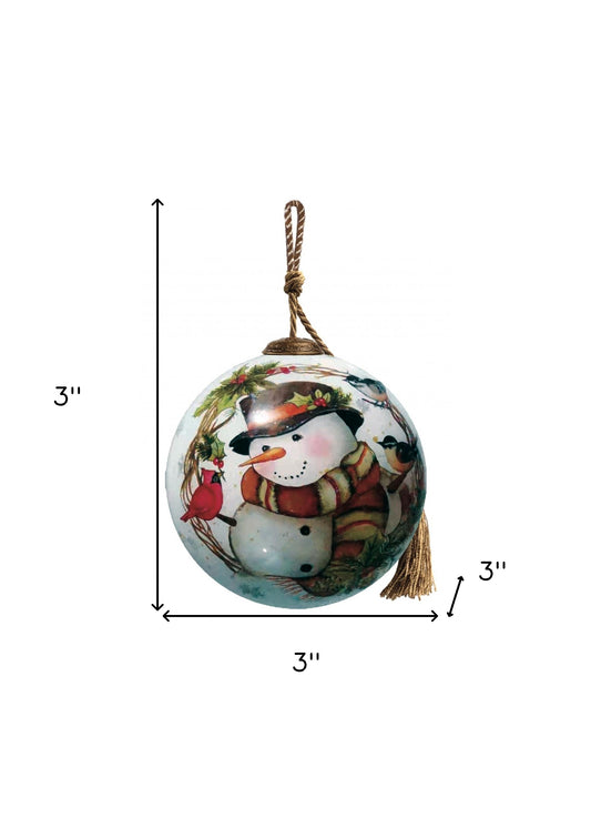 Winter Wreath Forest Snowman Hand Painted Mouth Blown Glass Ornament