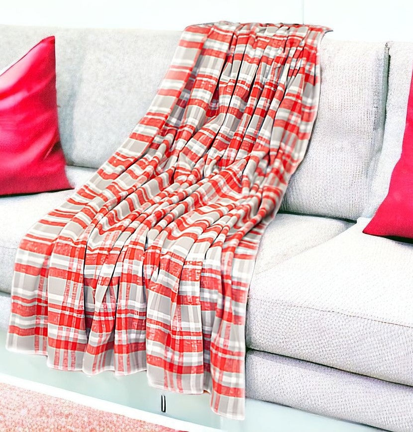 Red Woven Cotton Plaid Throw Blanket