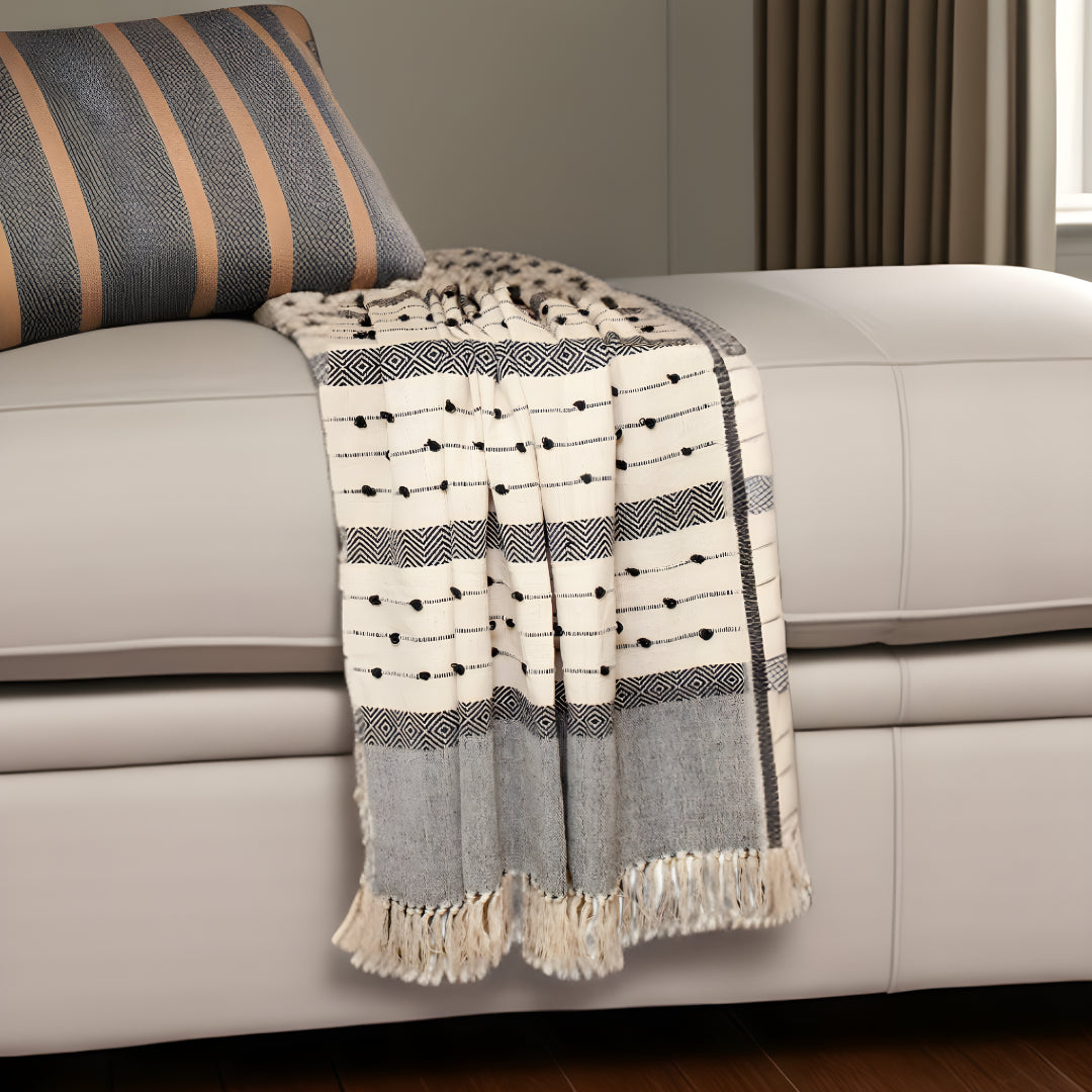 Beige And Black Woven Wool Solid Color Reversable Throw