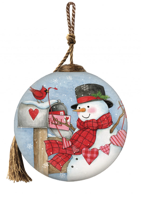 Valentine Snowman Hand Painted Mouth Blown Glass Ornament