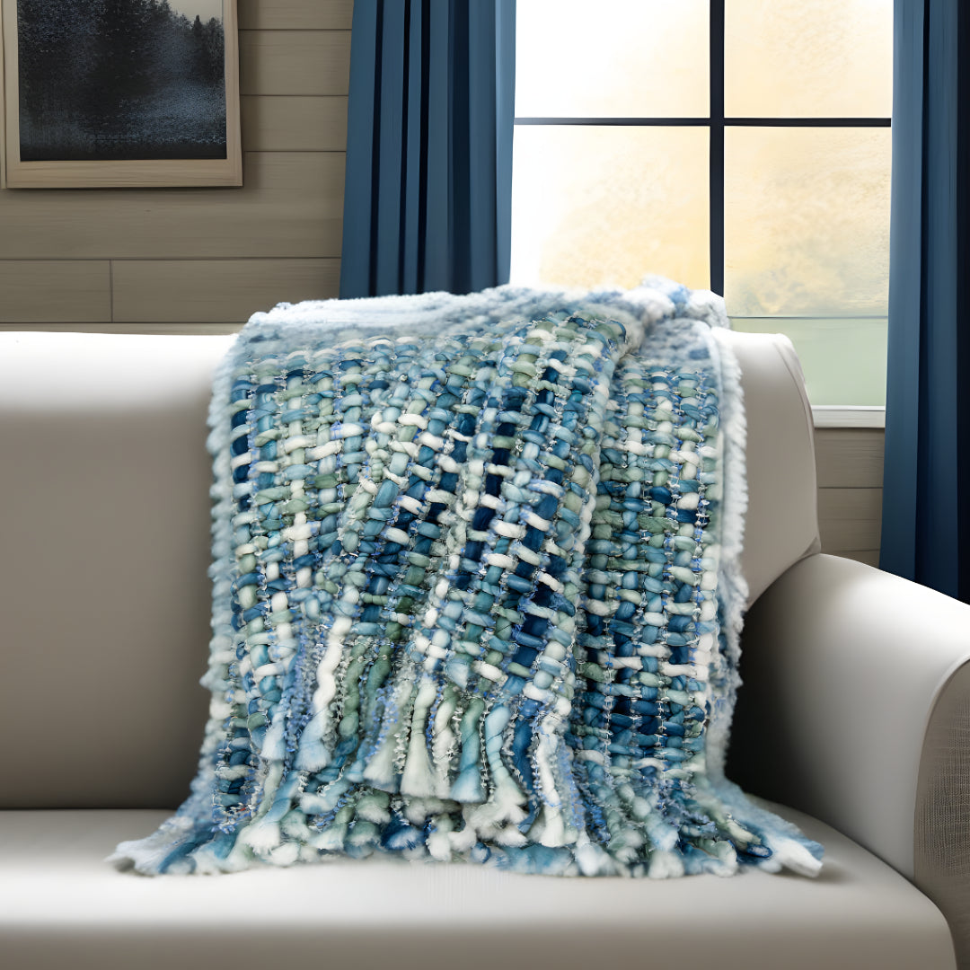 Blue and Green Woven 90% Cotton, 10 Acrylic Solid Color Throw Blanket