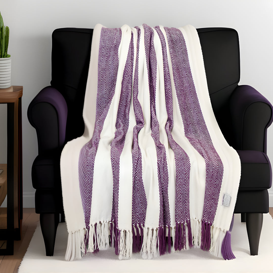 Purple Woven Cotton Striped Throw Blanket